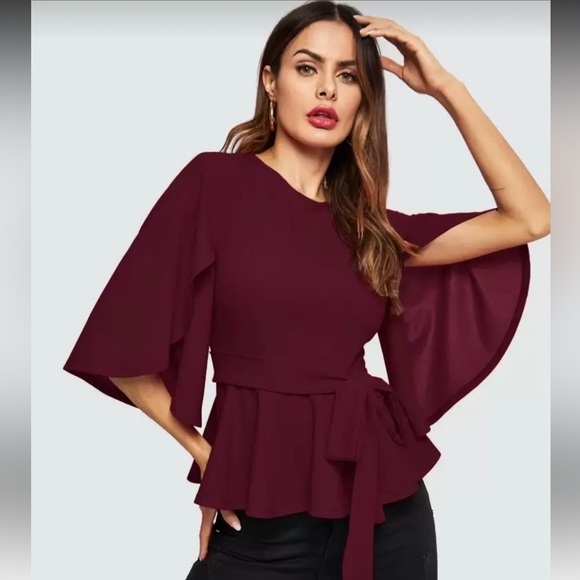 [Shein] Red Peplum Bell Sleeve Top - Picture 7 of 8